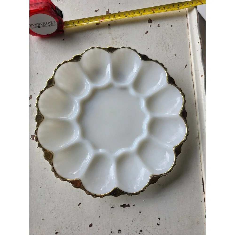 Vintage Anchor Hocking White Milk Glass Deviled Egg Plate Scalloped Gold Trim